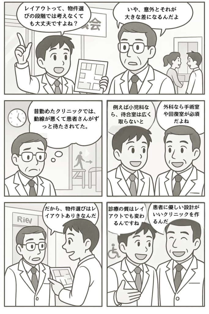 クリニック開業時に必要な面積とレイアウトの重要性について、若手医師とベテラン医師が動線設計や待合室、バリアフリー対応を会話形式で学ぶ5コマ漫画