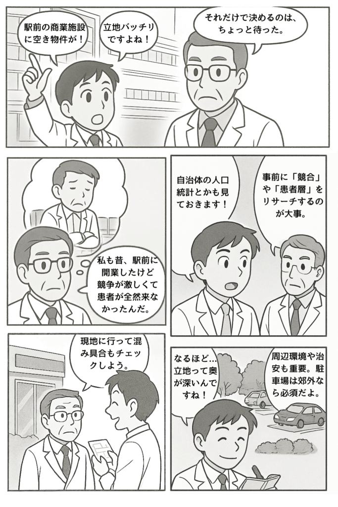 若手医師がクリニックの開業場所として駅前物件を選ぼうとするが、ベテラン医師が競合や環境も含めた慎重な立地調査の重要性を助言する4コマ漫画